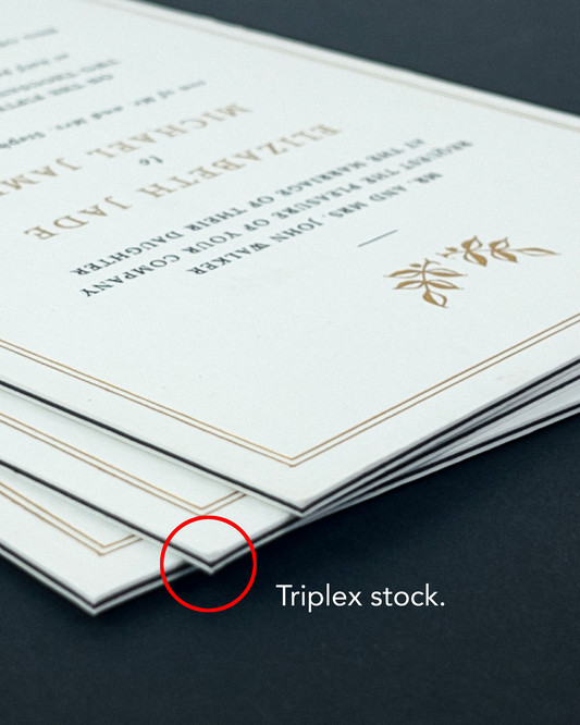 The Elizabeth wedding invitation shows the triplex stock used.