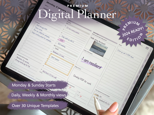 2024 Digital Planner is a fully featured digital planner used within Good Notes on the iPad or an Android tablet. 