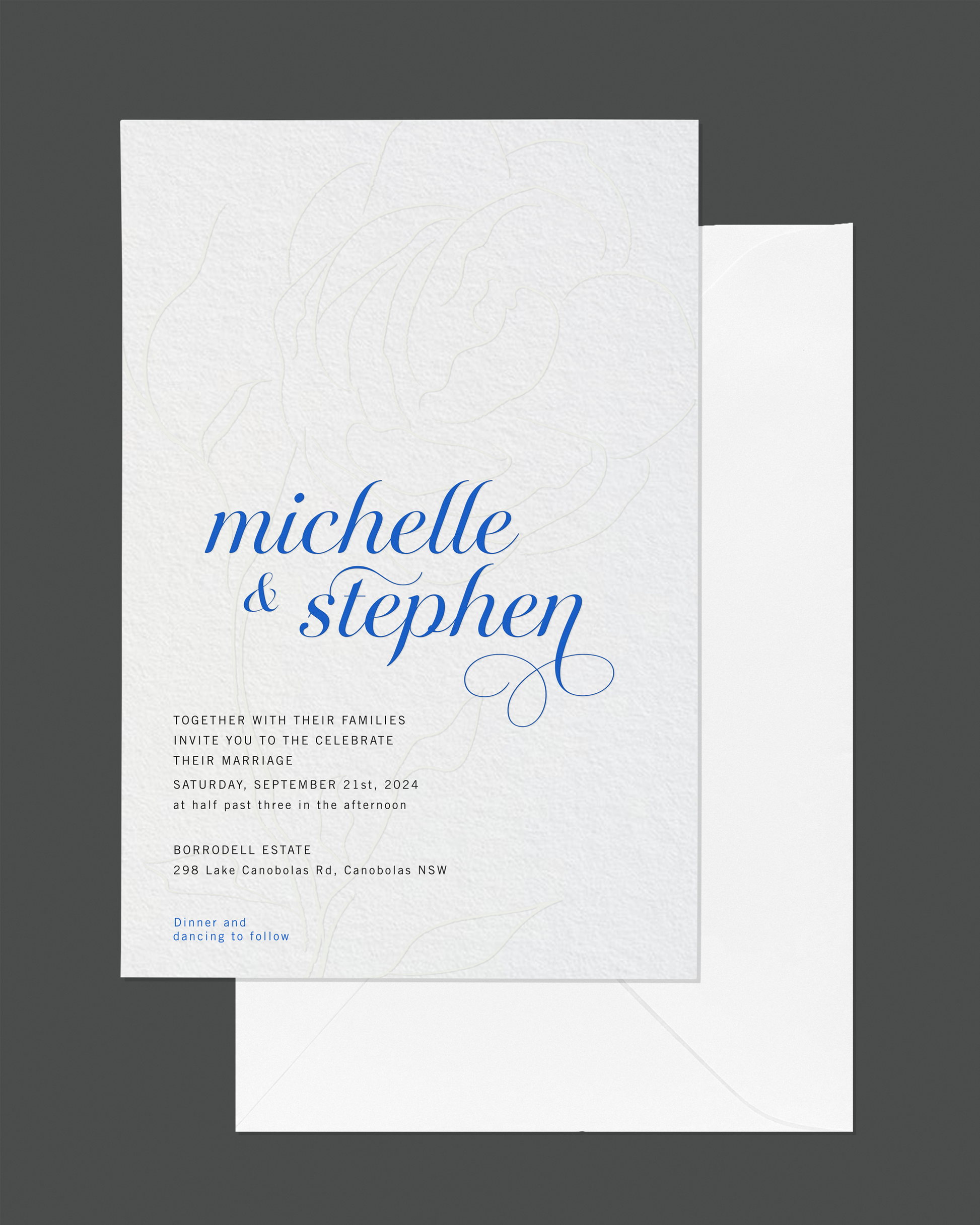Aurora Rose wedding invitation — elegant floral blind-deboss design by Communique Design