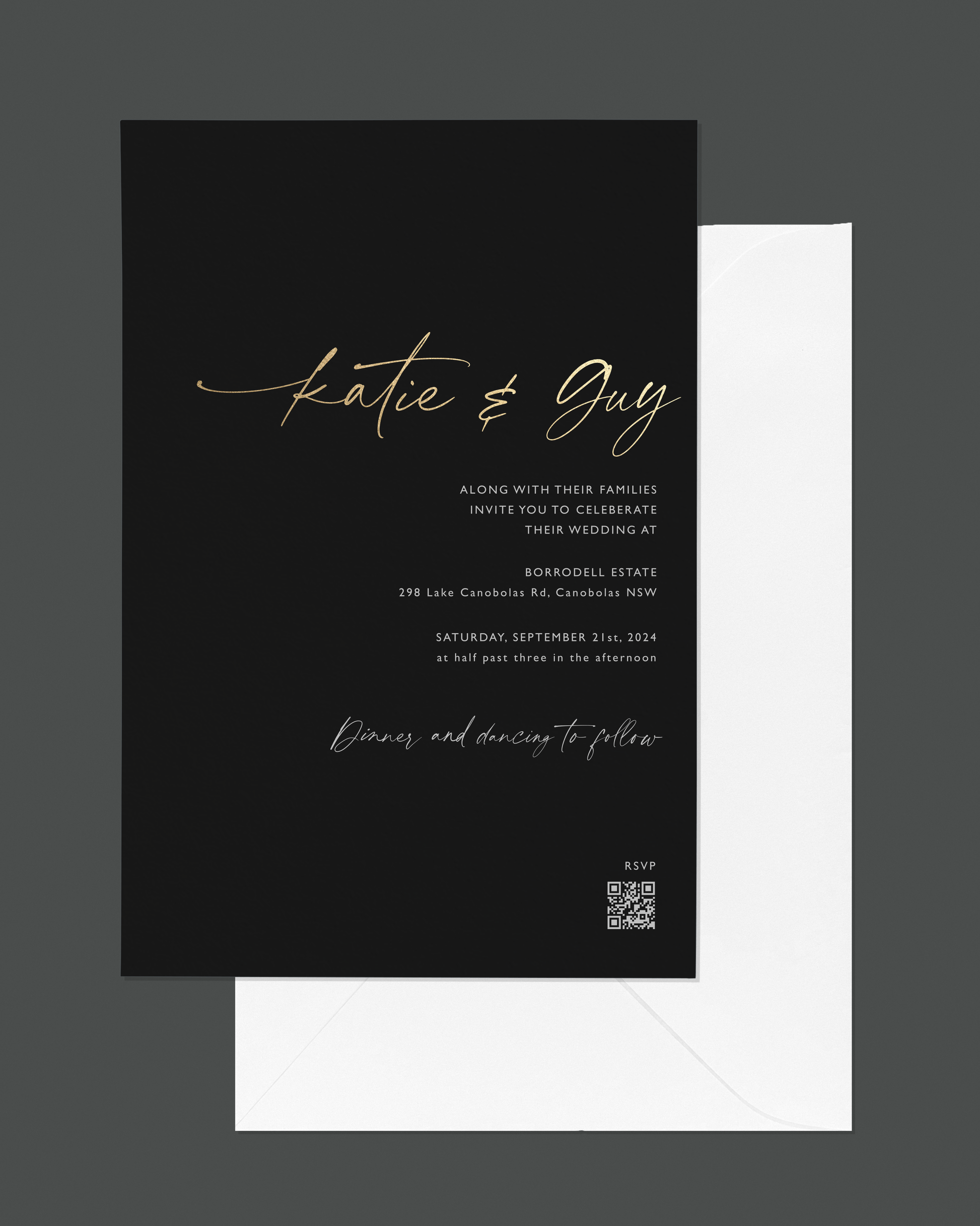 Avalon wedding invitation — bold dramatic pale gold foil on black stock by Communique Design