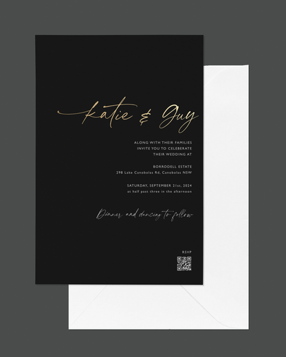 Avalon wedding invitation — bold dramatic pale gold foil on black stock by Communique Design