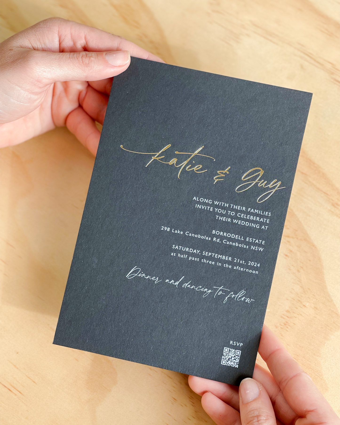 The Avalon wedding invitation. Gold foil with white digital ink on black heavy card stock. A design by Communique Design.