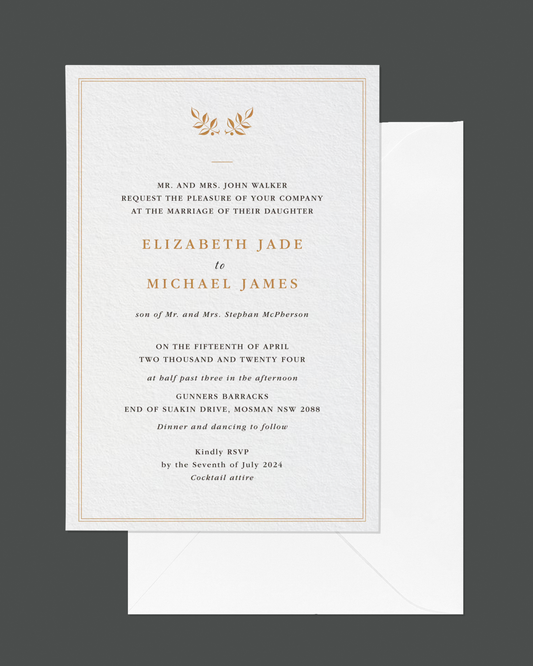 Elizabeth wedding invitation — classic gold foil letterpress design by Communique Design