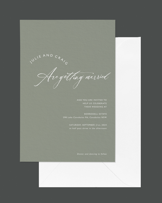 Hermitage wedding invitation — modern minimalist typographic design by Communique Design