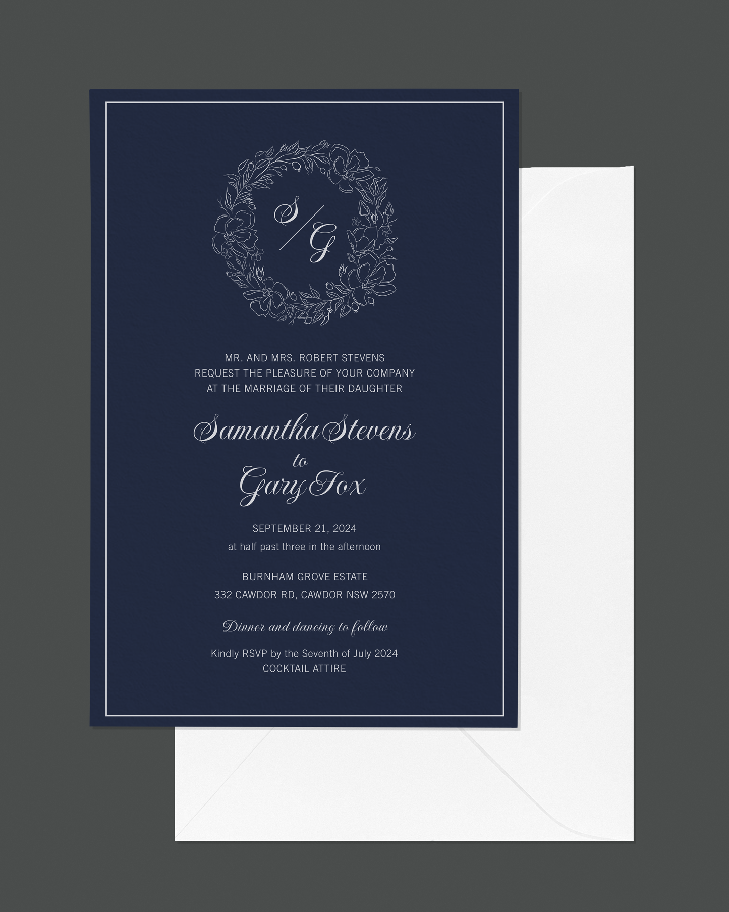 Kathleen Blue wedding invitation — contemporary minimalist coloured stock design by Communique Design