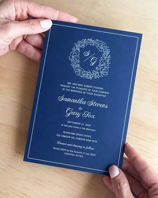 Kathleen Blue wedding invitation — contemporary minimalist coloured stock design by Communique Design
