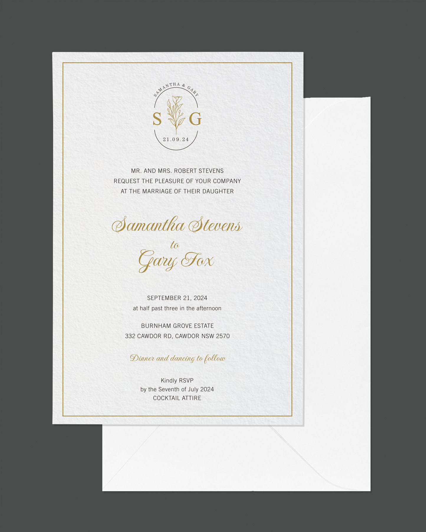 Sorrento wedding invitation — classic gold foil-edged luxury design by Communique Design