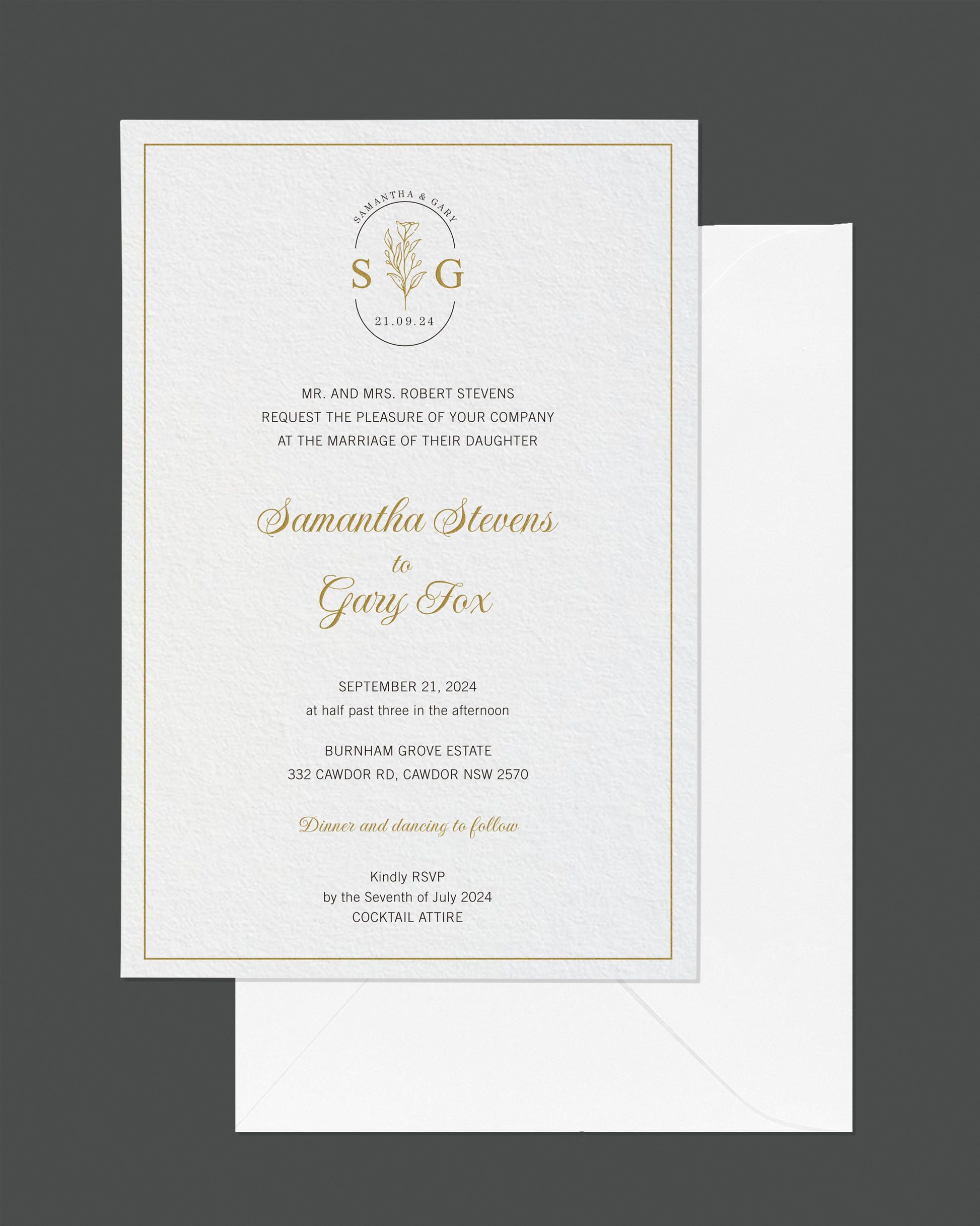 Sorrento wedding invitation — classic gold foil-edged luxury design by Communique Design