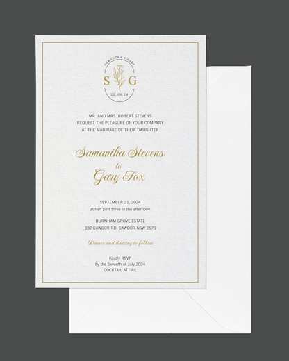 Sorrento wedding invitation — classic gold foil-edged luxury design by Communique Design