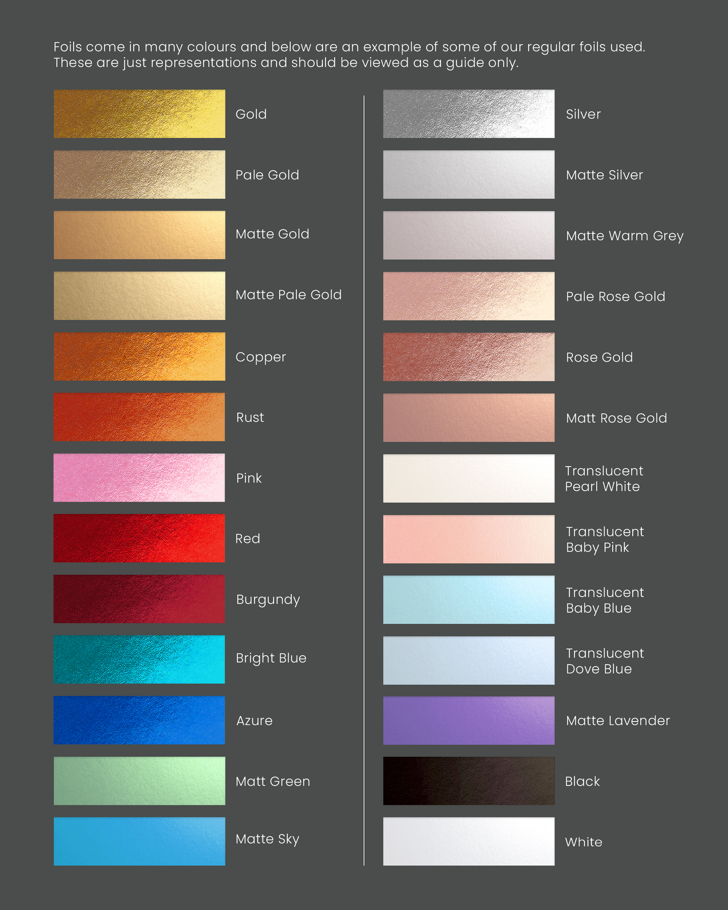 Foil colour swatch chart with various metallic and coloured finishes on a grey background